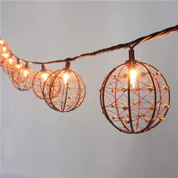 Outdoor Patio String Lights, 10 Mini Bulbs with Beaded Copper Wire Ball Style